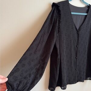 Black Women's Long-Sleeve Button-Up Blouse with Subtle Pattern